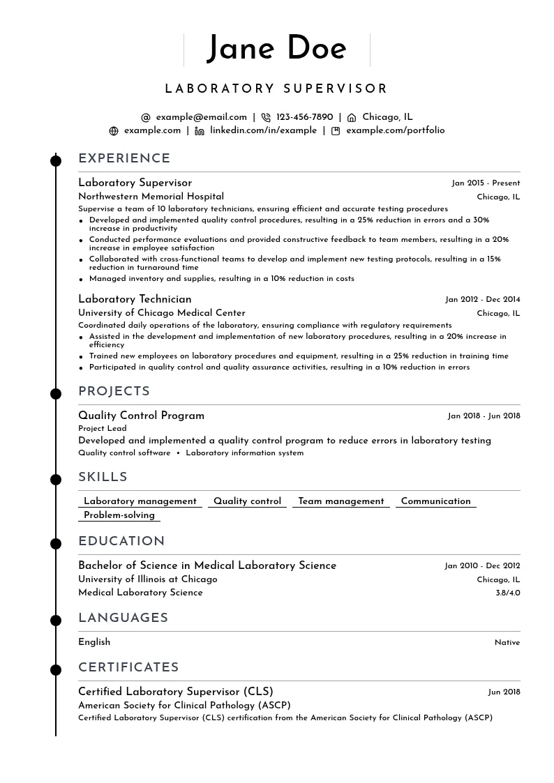 Laboratory Supervisor resume example