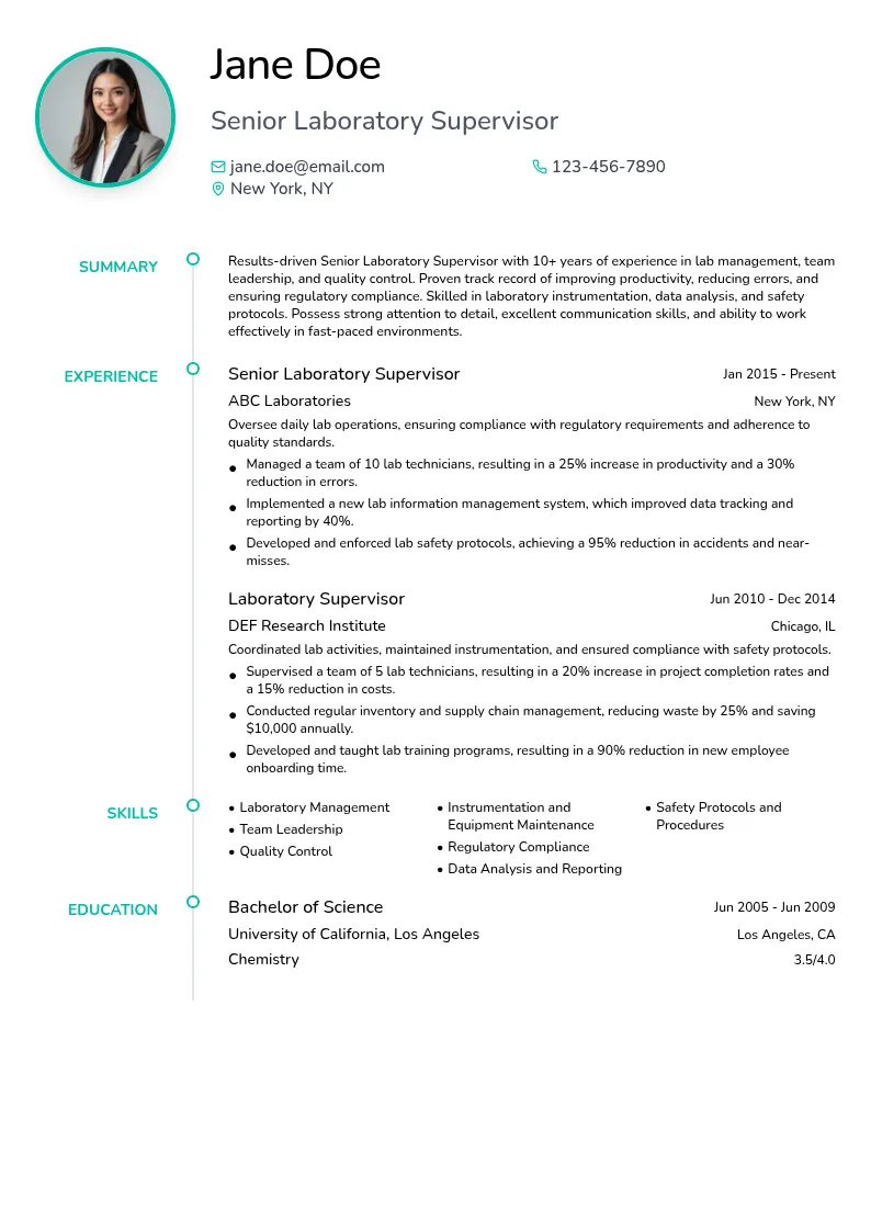 Senior Laboratory Supervisor resume example