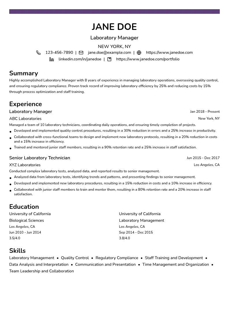 Laboratory Manager resume example