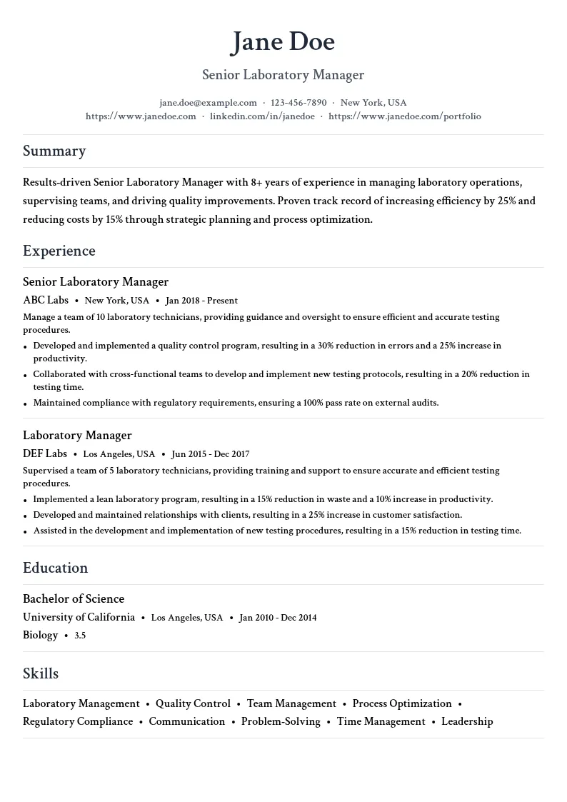Senior Laboratory Manager resume example
