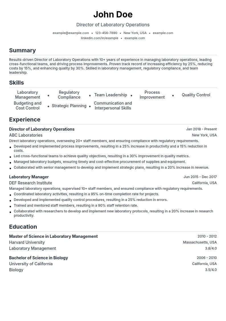 Director of Laboratory Operations resume example