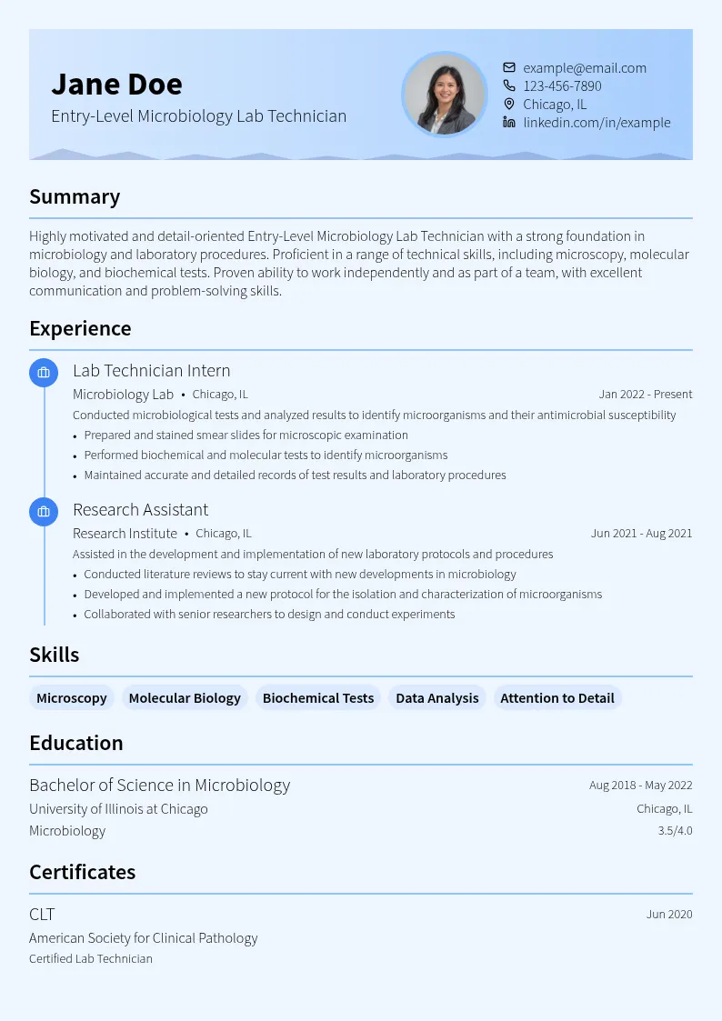 Entry-Level Microbiology Lab Technician resume example