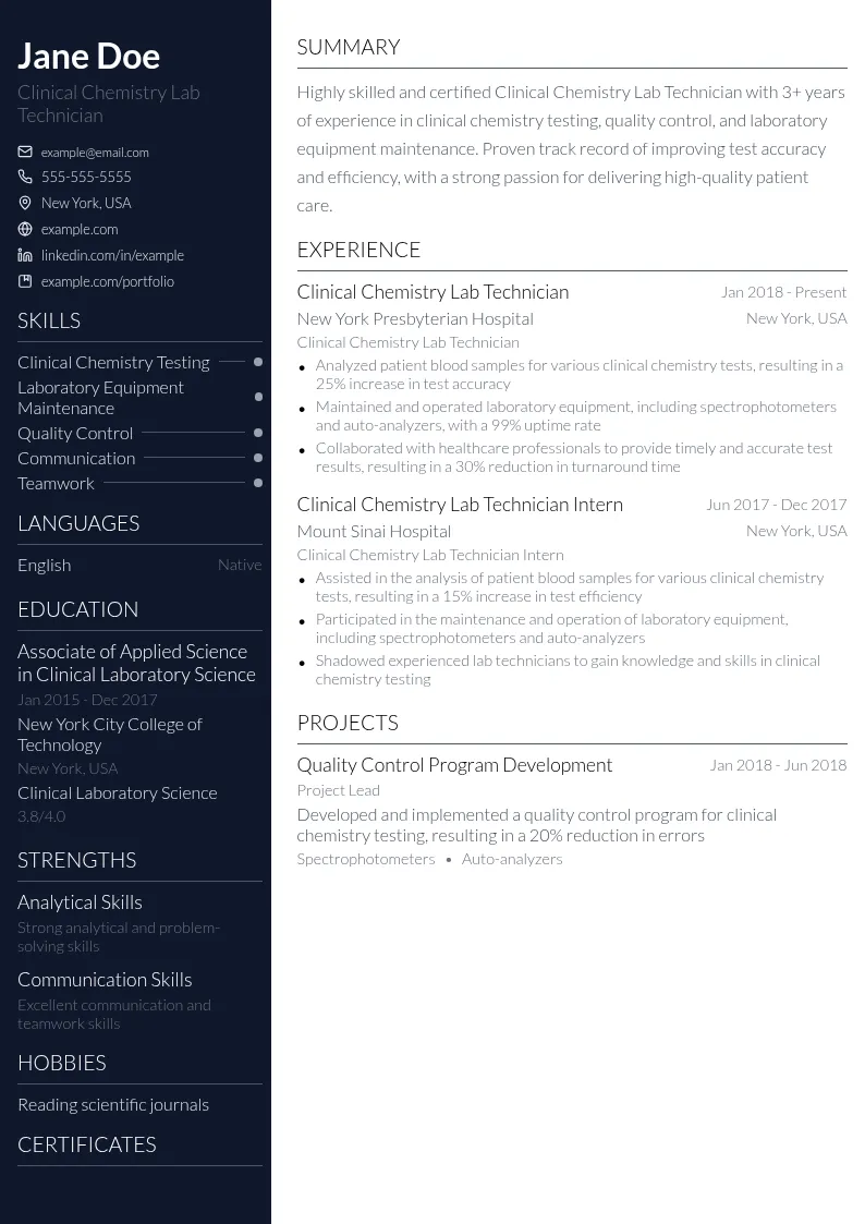 Clinical Chemistry Lab Technician resume example