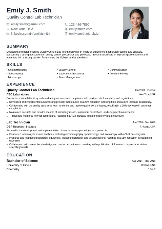 Quality Control Lab Technician resume example