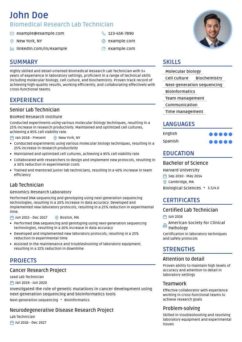 Biomedical Research Lab Technician resume example