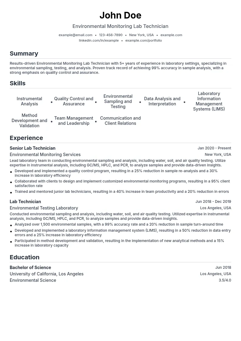 Environmental Monitoring Lab Technician resume example