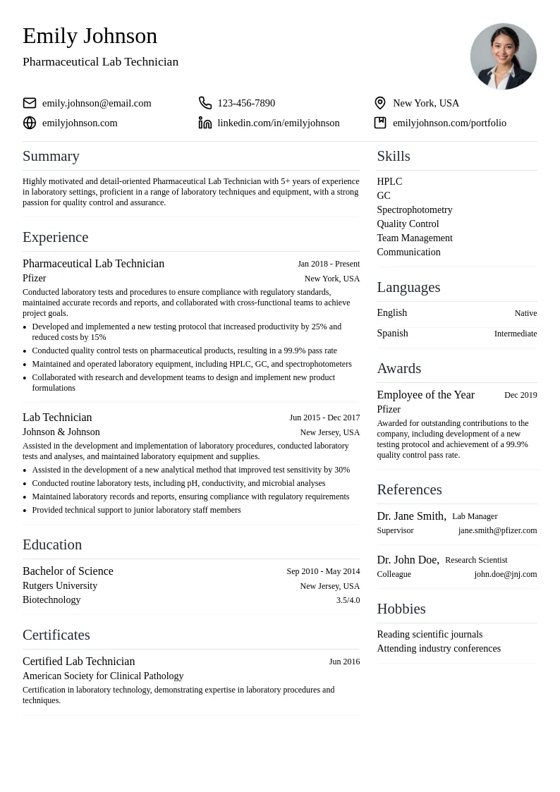 Pharmaceutical Lab Technician resume example