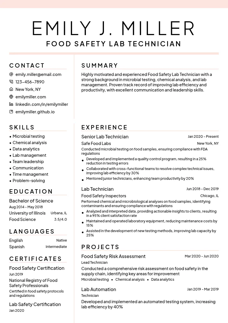 Food Safety Lab Technician resume example