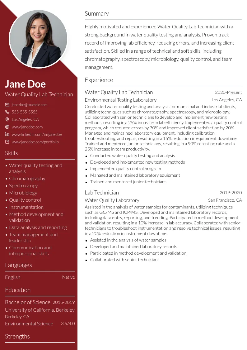 Water Quality Lab Technician resume example