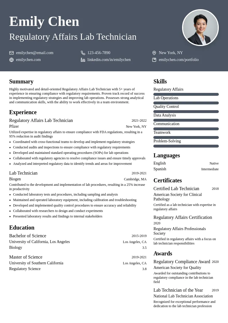 Regulatory Affairs Lab Technician resume example