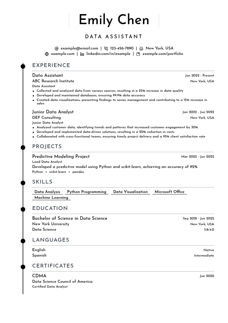 Data Assistant resume example