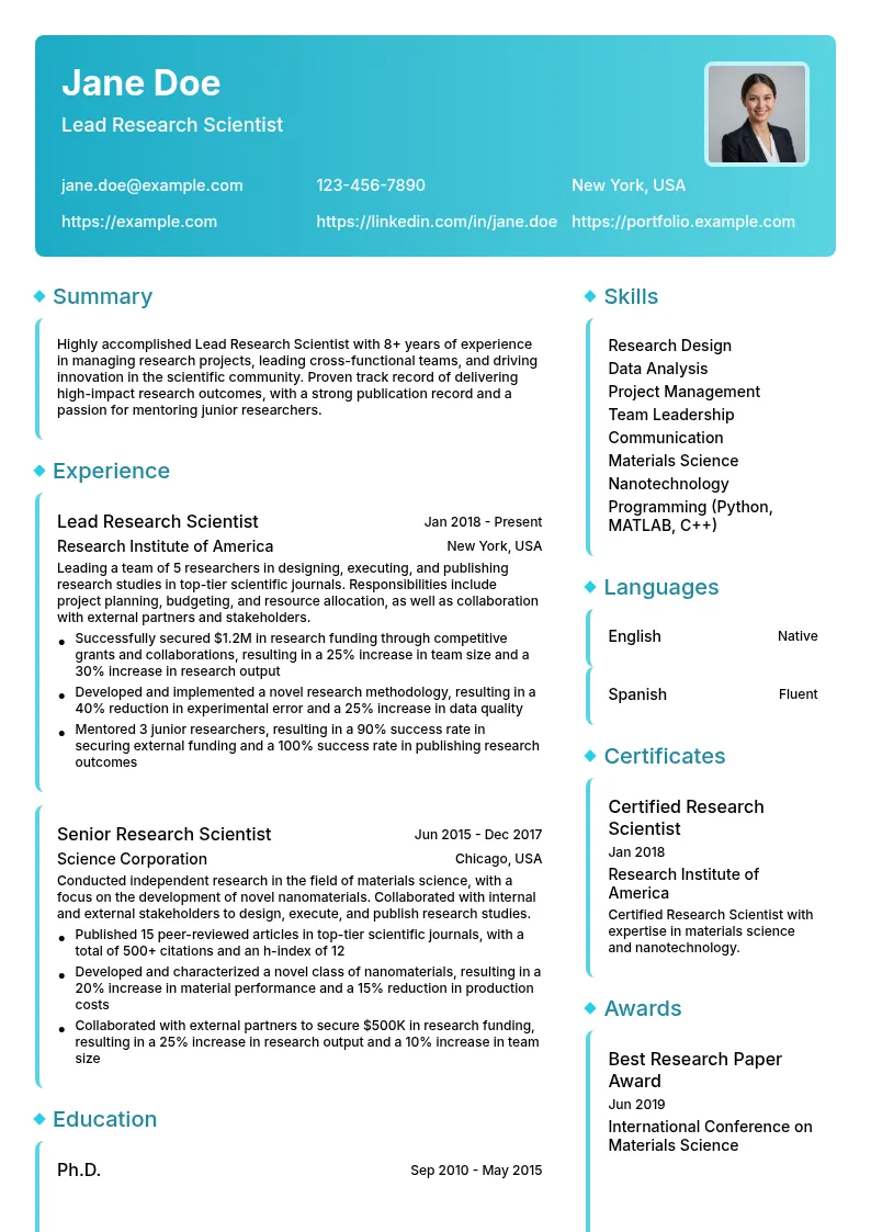 Lead Research Scientist resume example