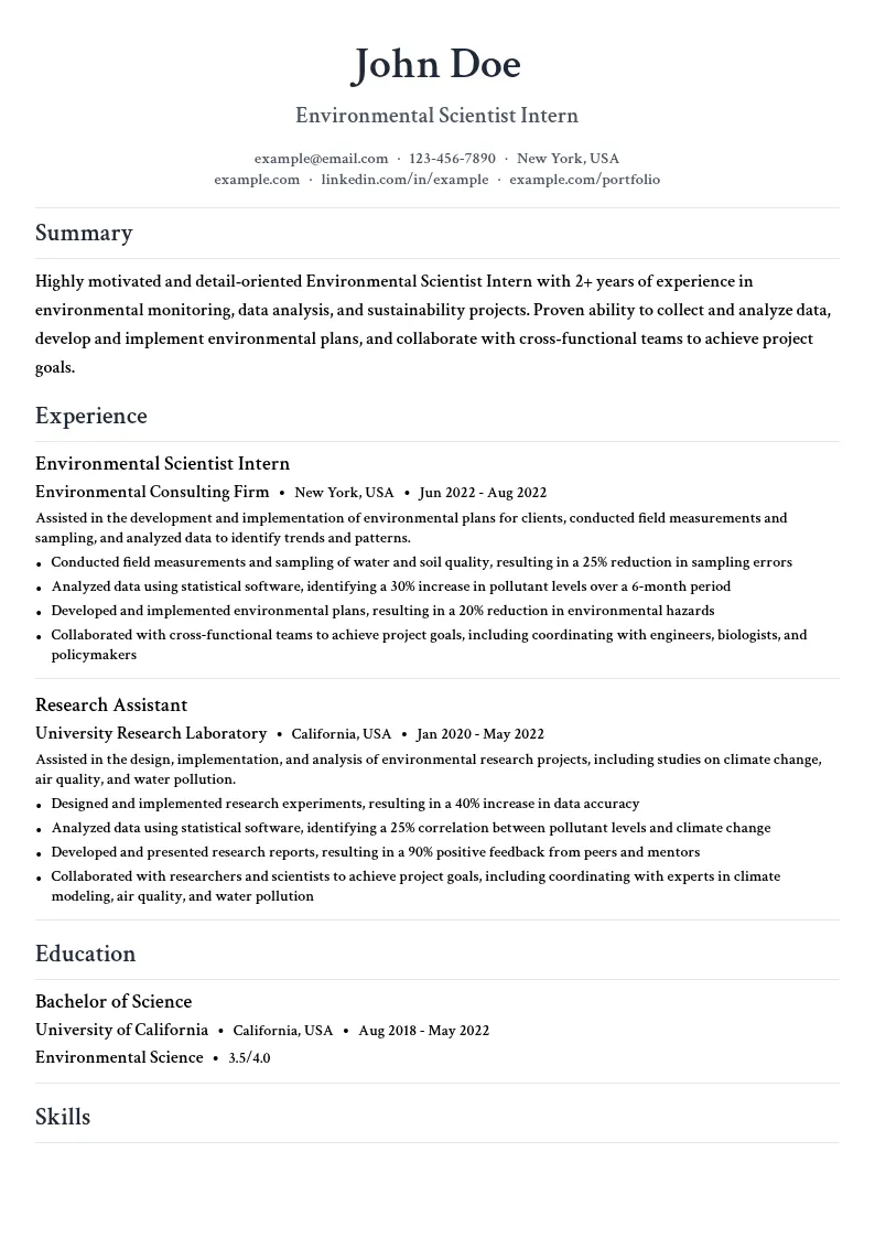 Environmental Scientist Intern resume example