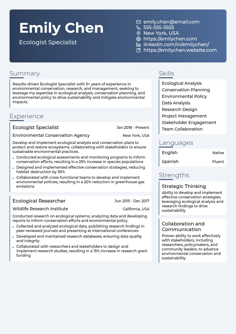Ecologist Specialist resume example