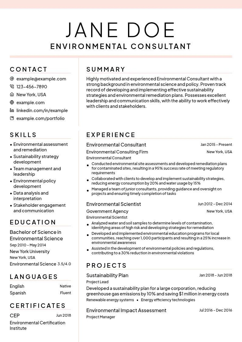 Environmental Consultant resume example