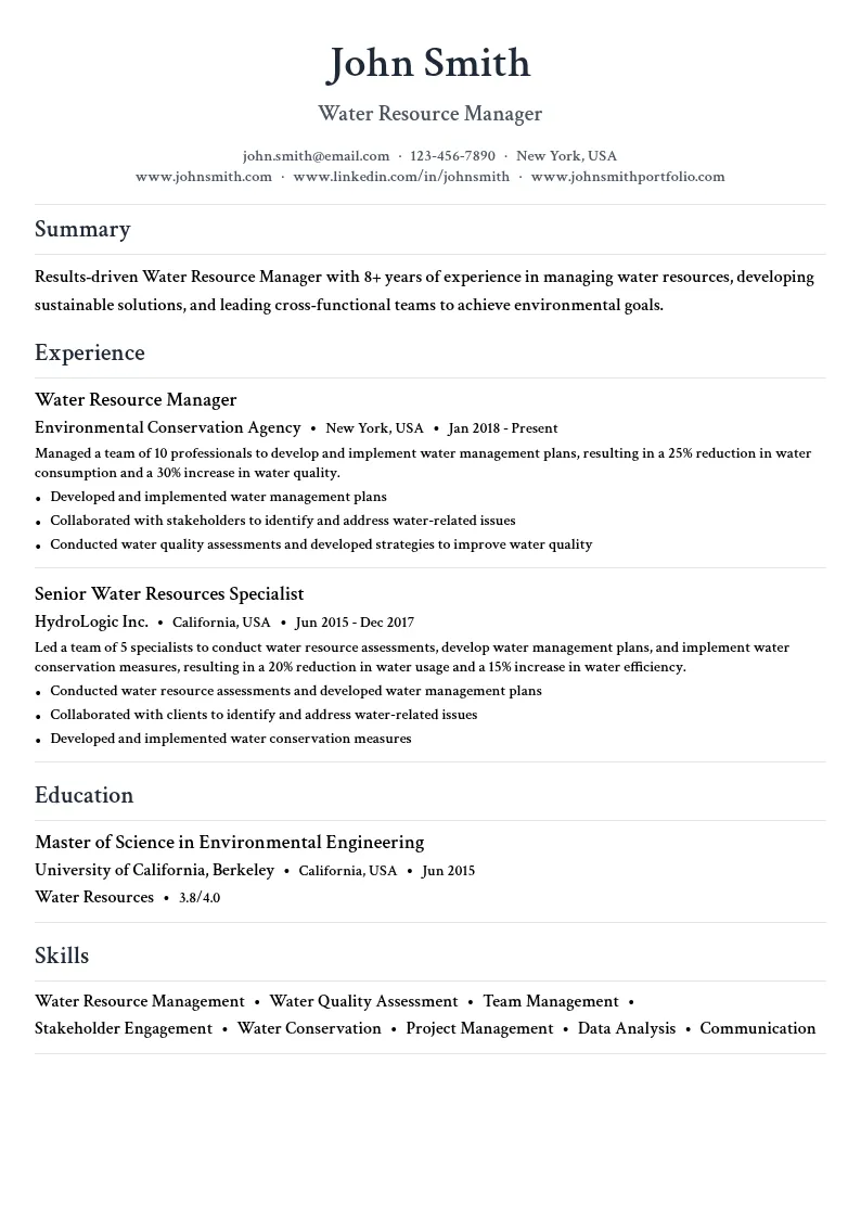 Water Resource Manager resume example