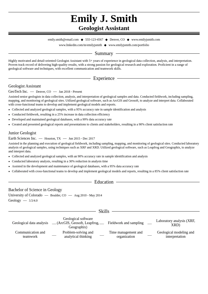 Geologist Assistant resume example
