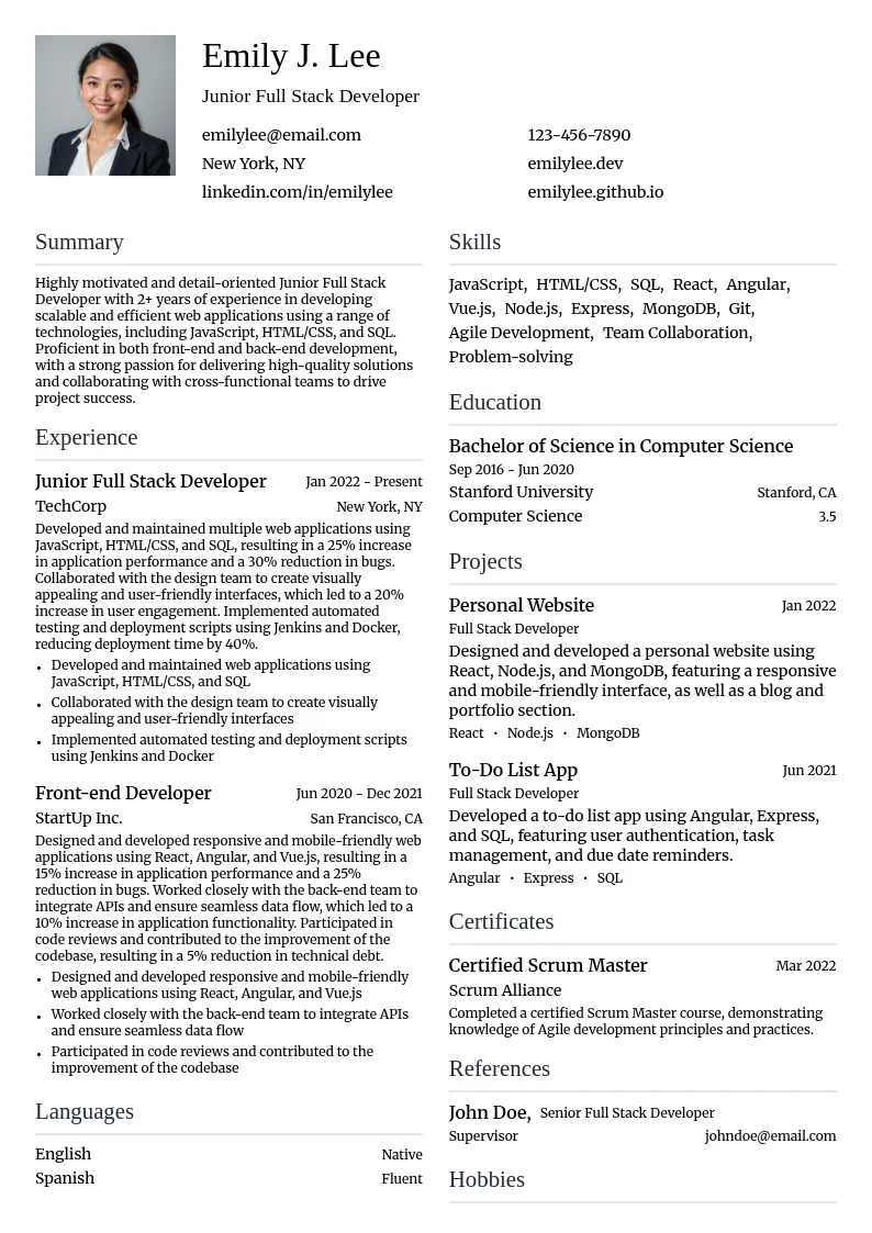 Junior Full Stack Developer resume example
