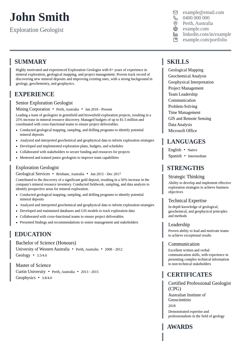 Exploration Geologist resume example