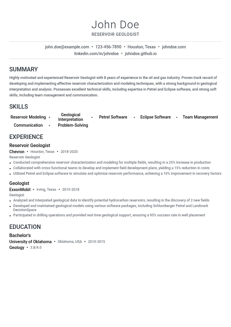 Reservoir Geologist resume example