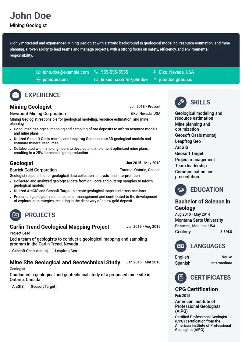 Mining Geologist resume example