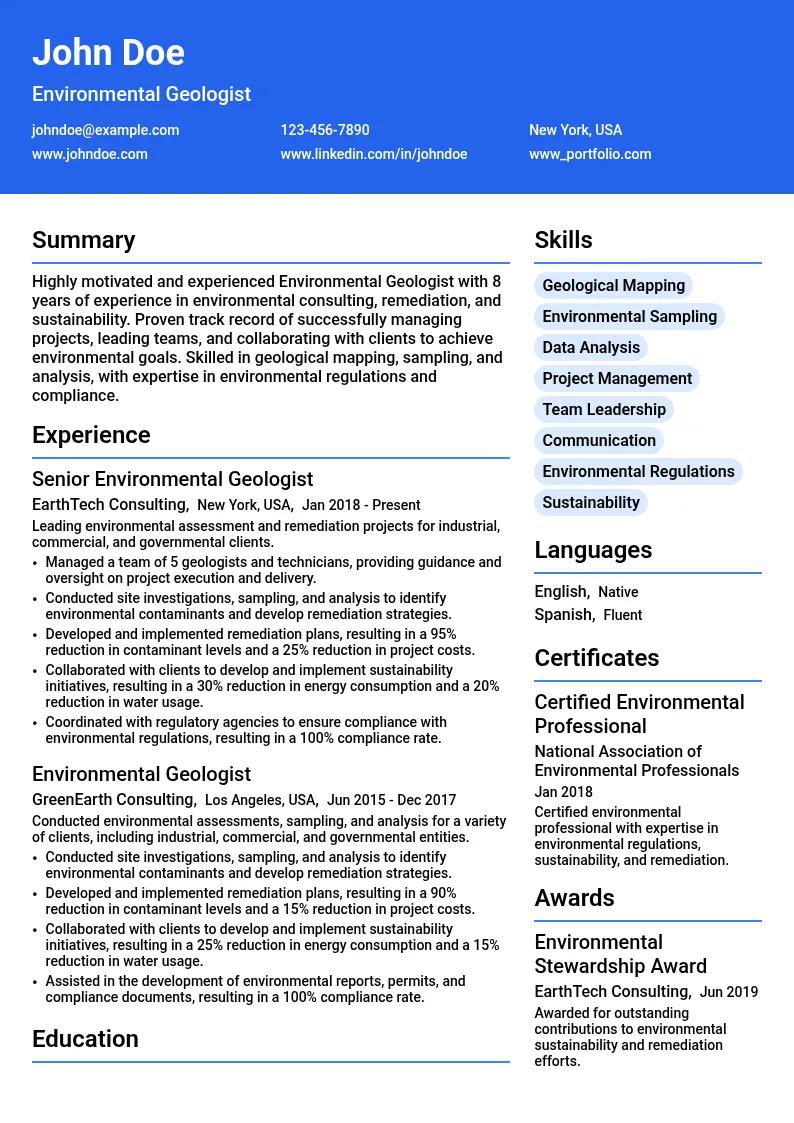 Environmental Geologist resume example