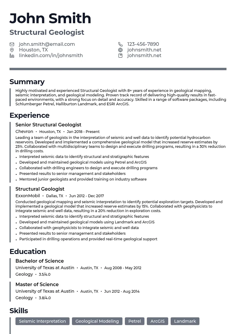 Structural Geologist resume example