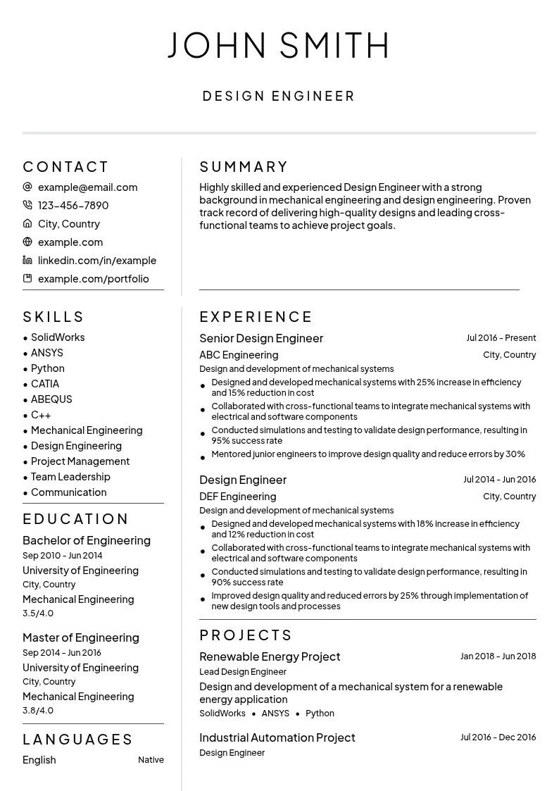 Design Engineer resume example