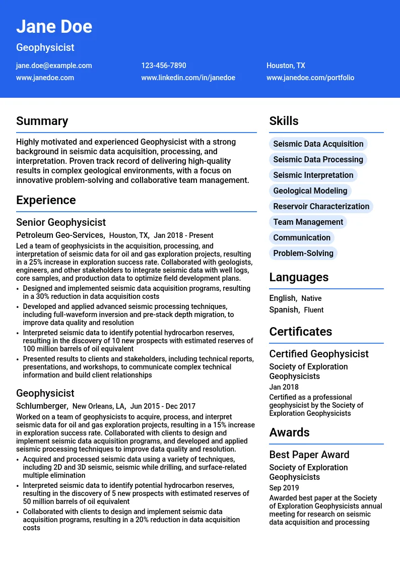 Geophysicist resume example