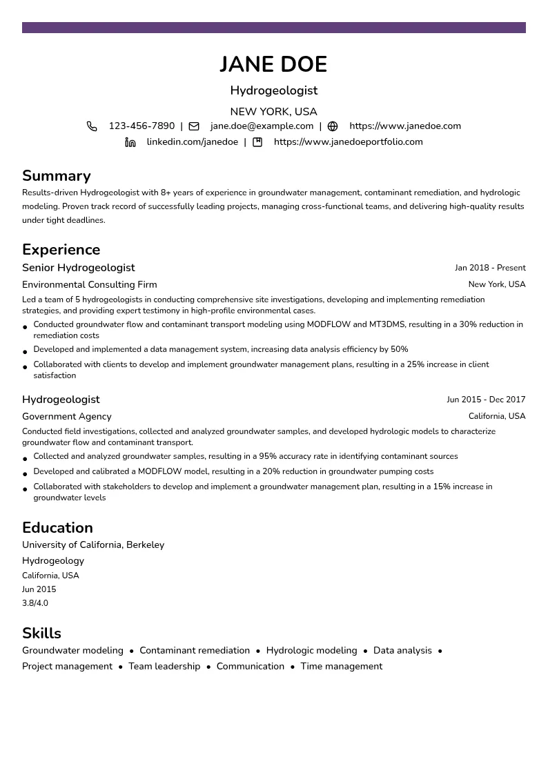 Hydrogeologist resume example