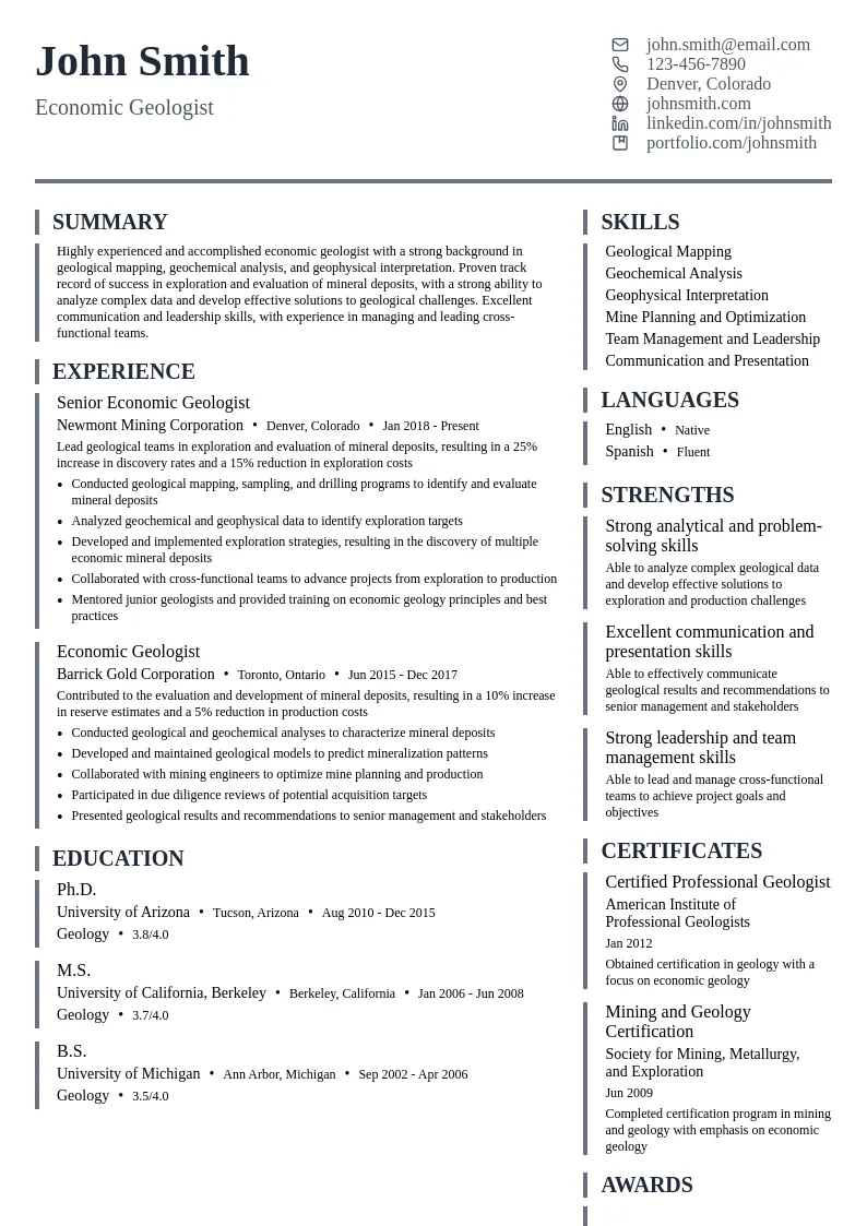 Economic Geologist resume example