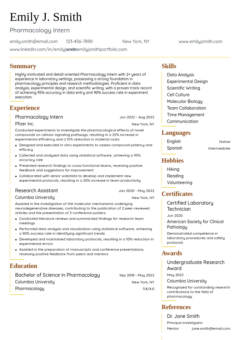 Pharmacology Intern resume example