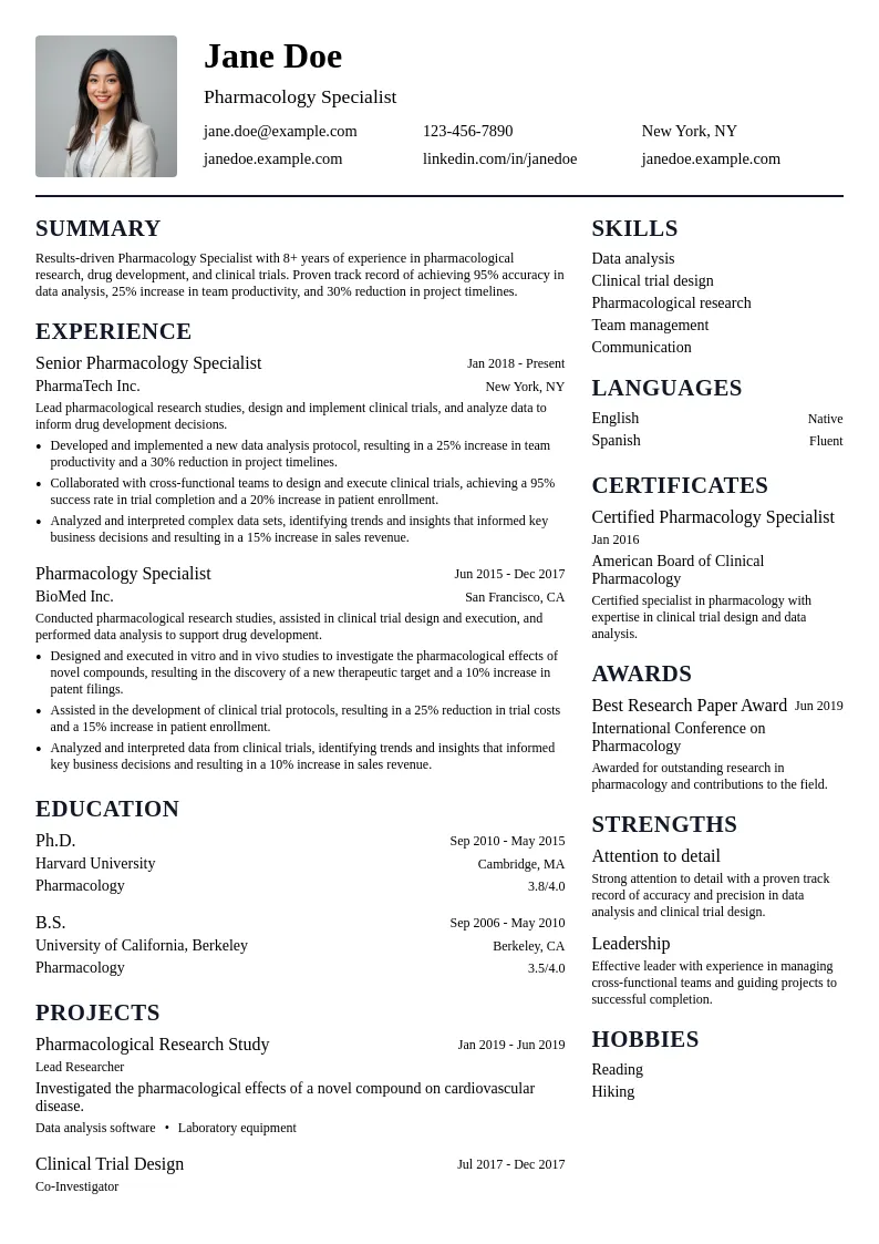 Pharmacology Specialist resume example