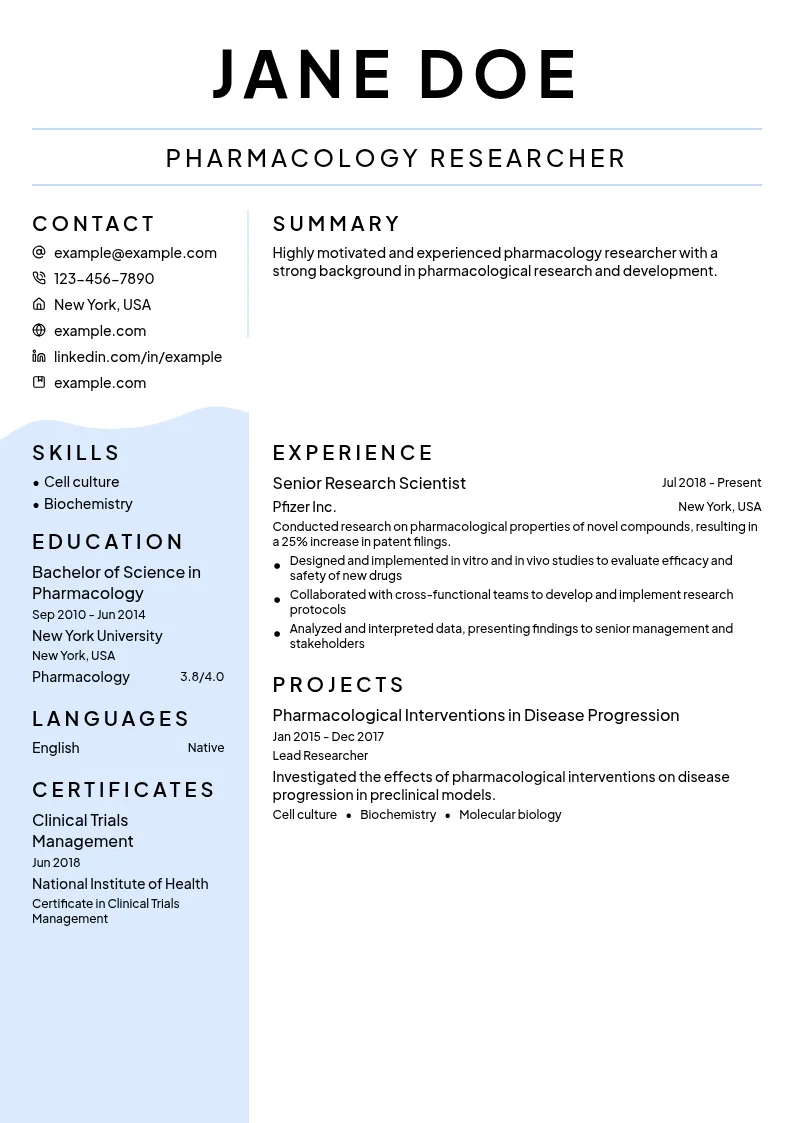 Pharmacology Researcher resume example