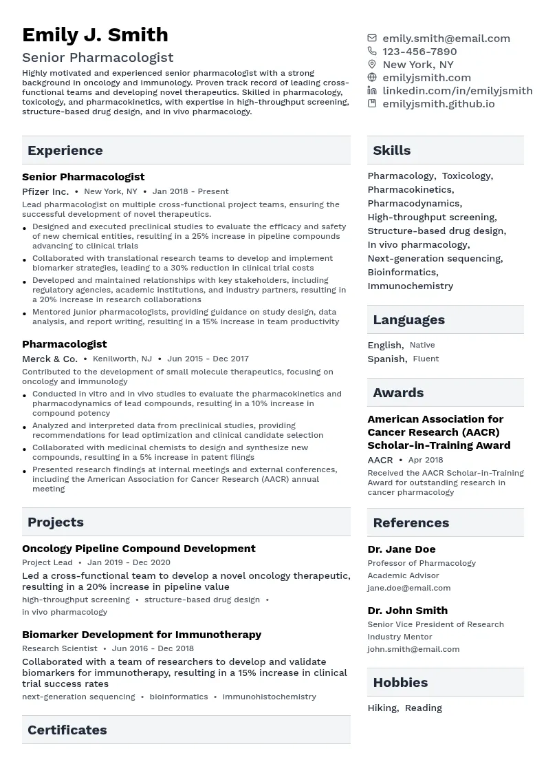 Senior Pharmacologist resume example