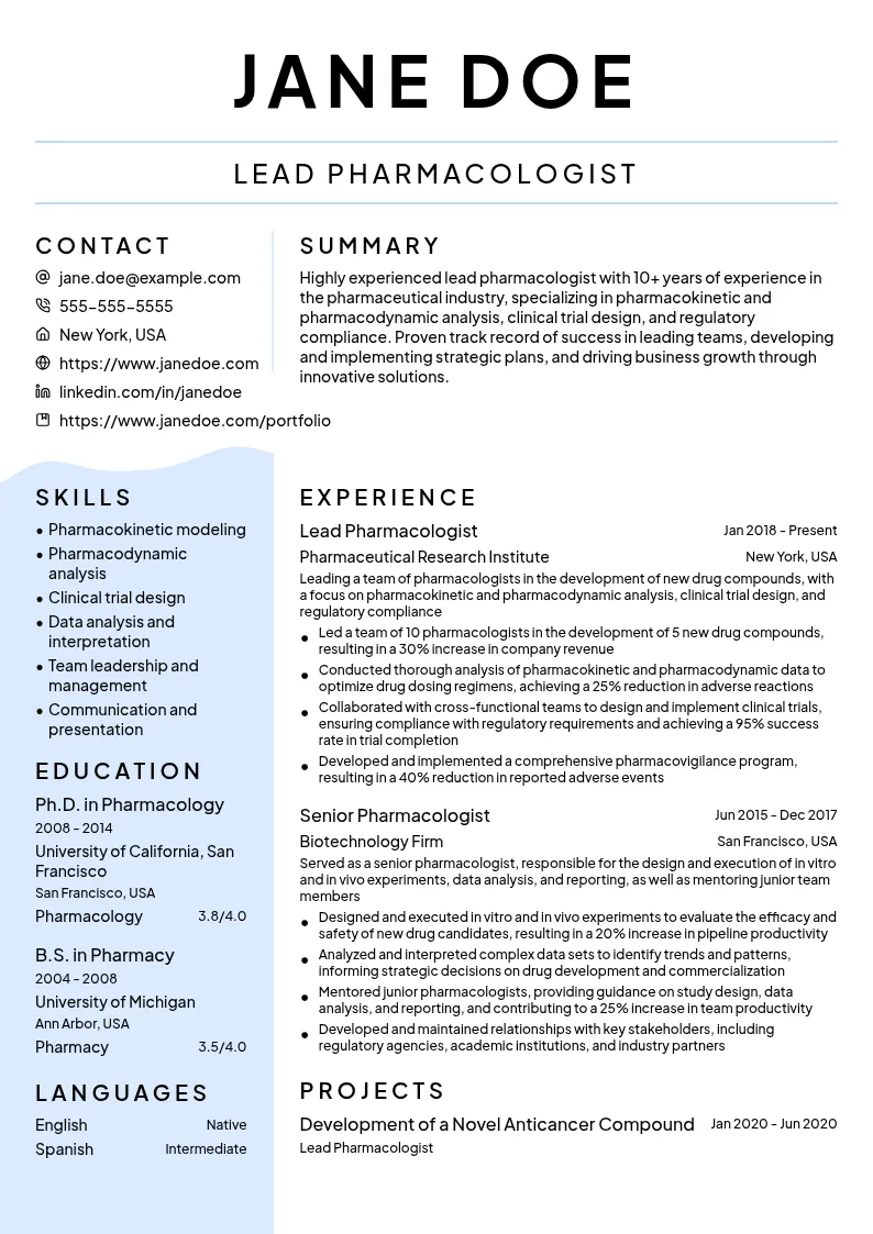 Lead Pharmacologist resume example