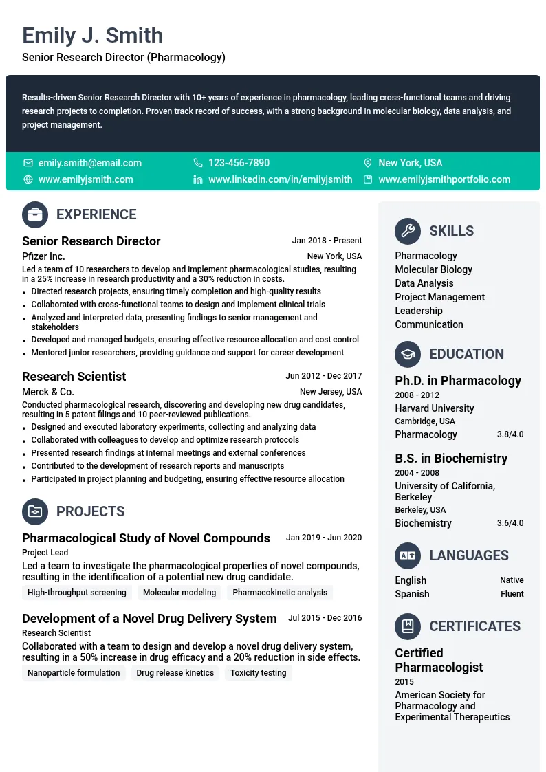 Senior Research Director (Pharmacology) resume example