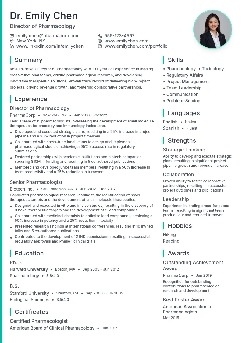 Director of Pharmacology resume example