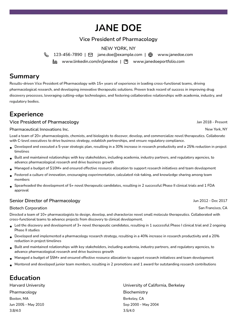 Vice President of Pharmacology resume example