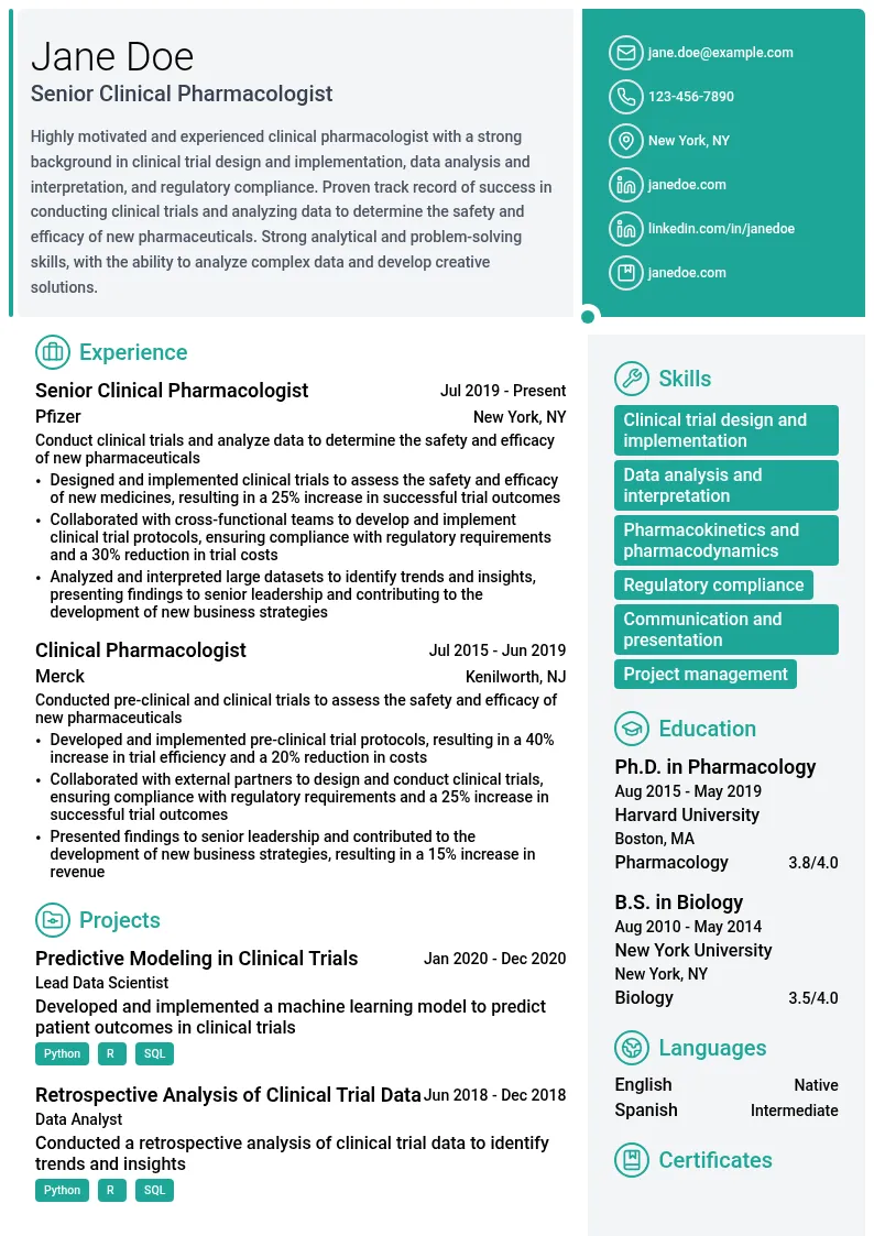 Clinical Pharmacologist resume example