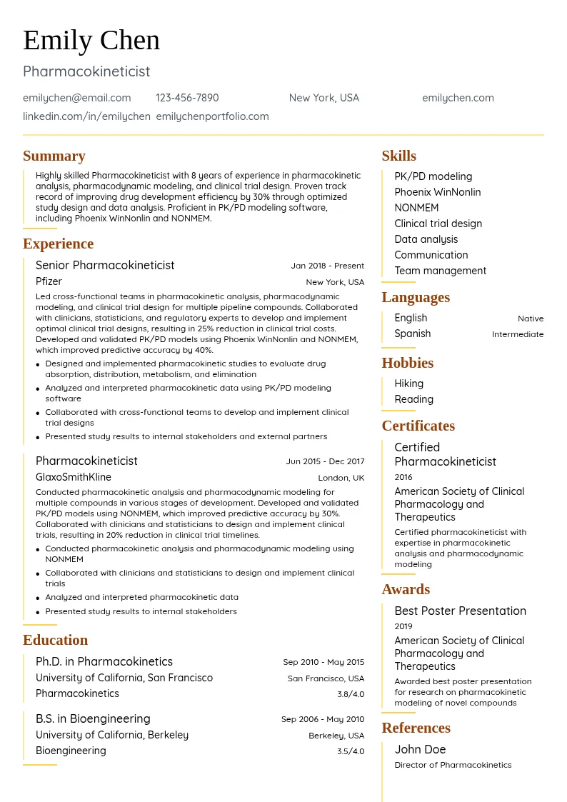 Pharmacokineticist resume example