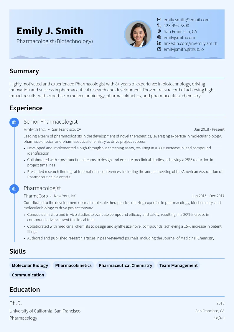 Pharmacologist (Biotechnology) resume example