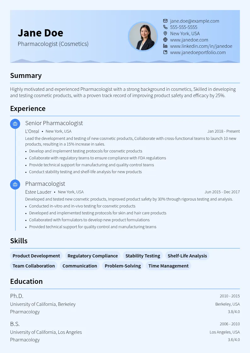 Pharmacologist (Cosmetics) resume example