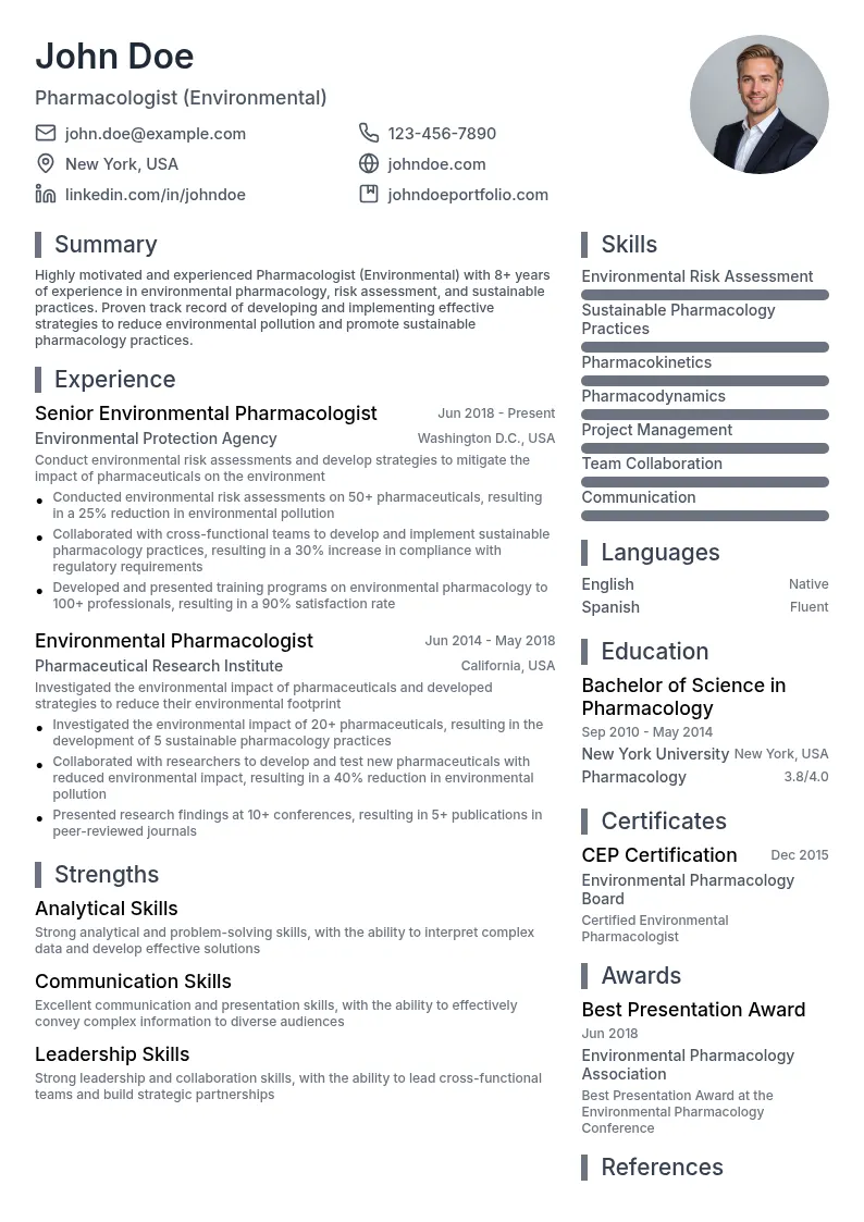 Pharmacologist (Environmental) resume example