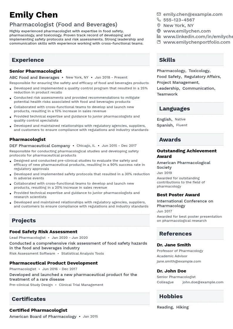 Pharmacologist (Food and Beverages) resume example
