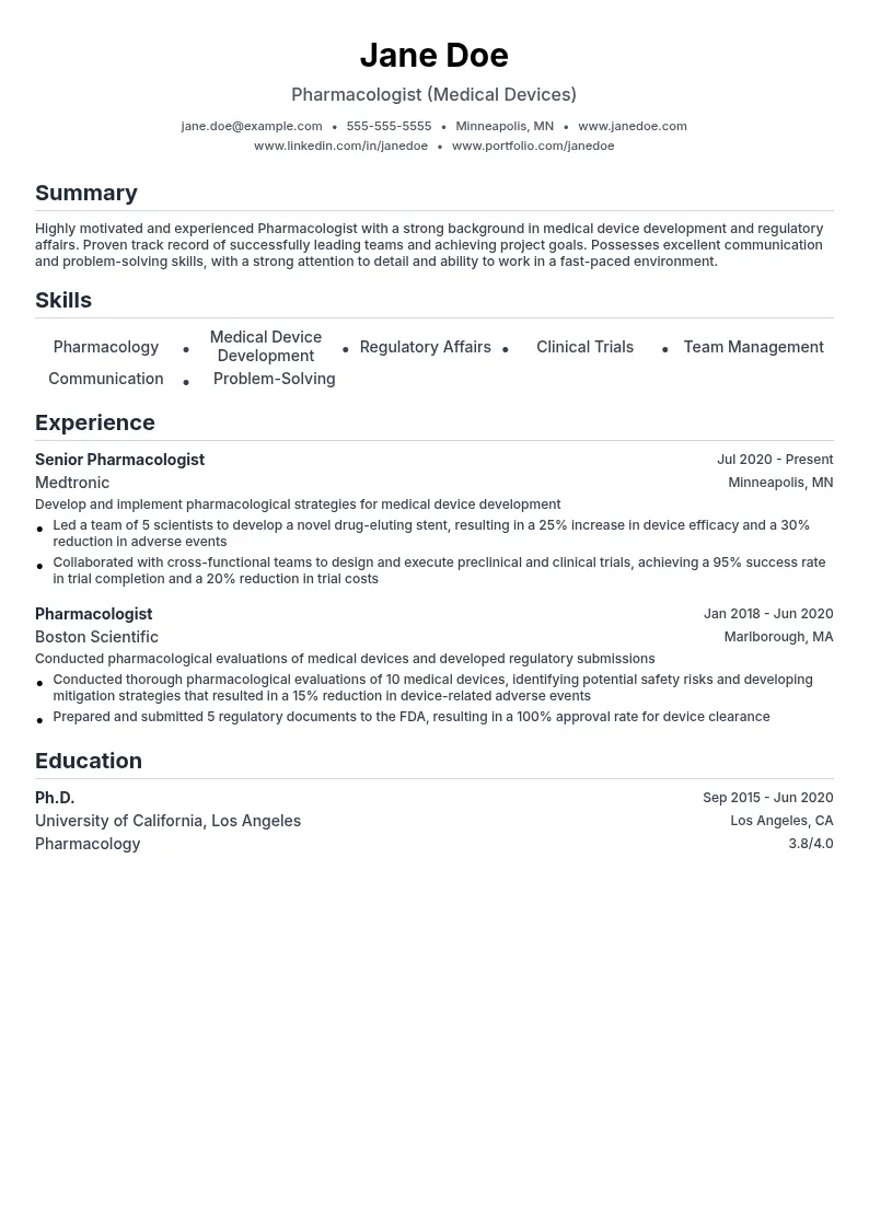 Pharmacologist (Medical Devices) resume example