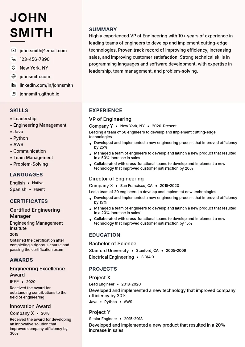 VP of Engineering resume example
