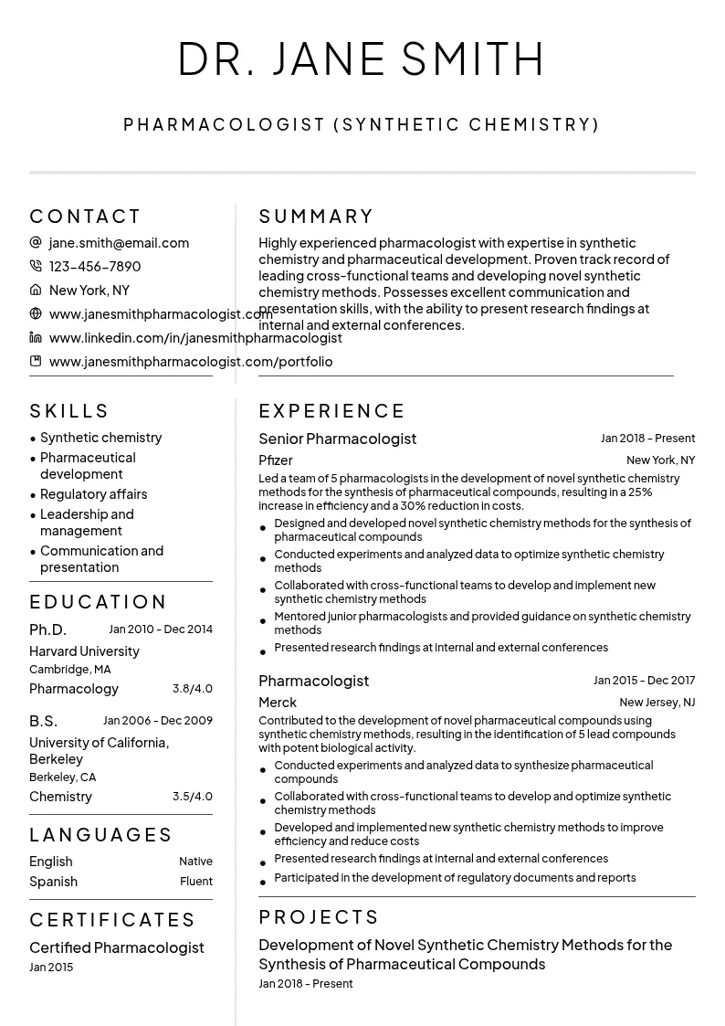 Pharmacologist (Synthetic Chemistry) resume example