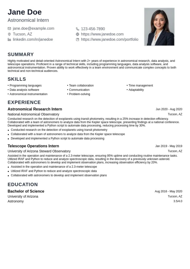 Astronomical Intern resume example