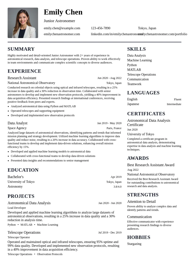 Junior Astronomer resume example